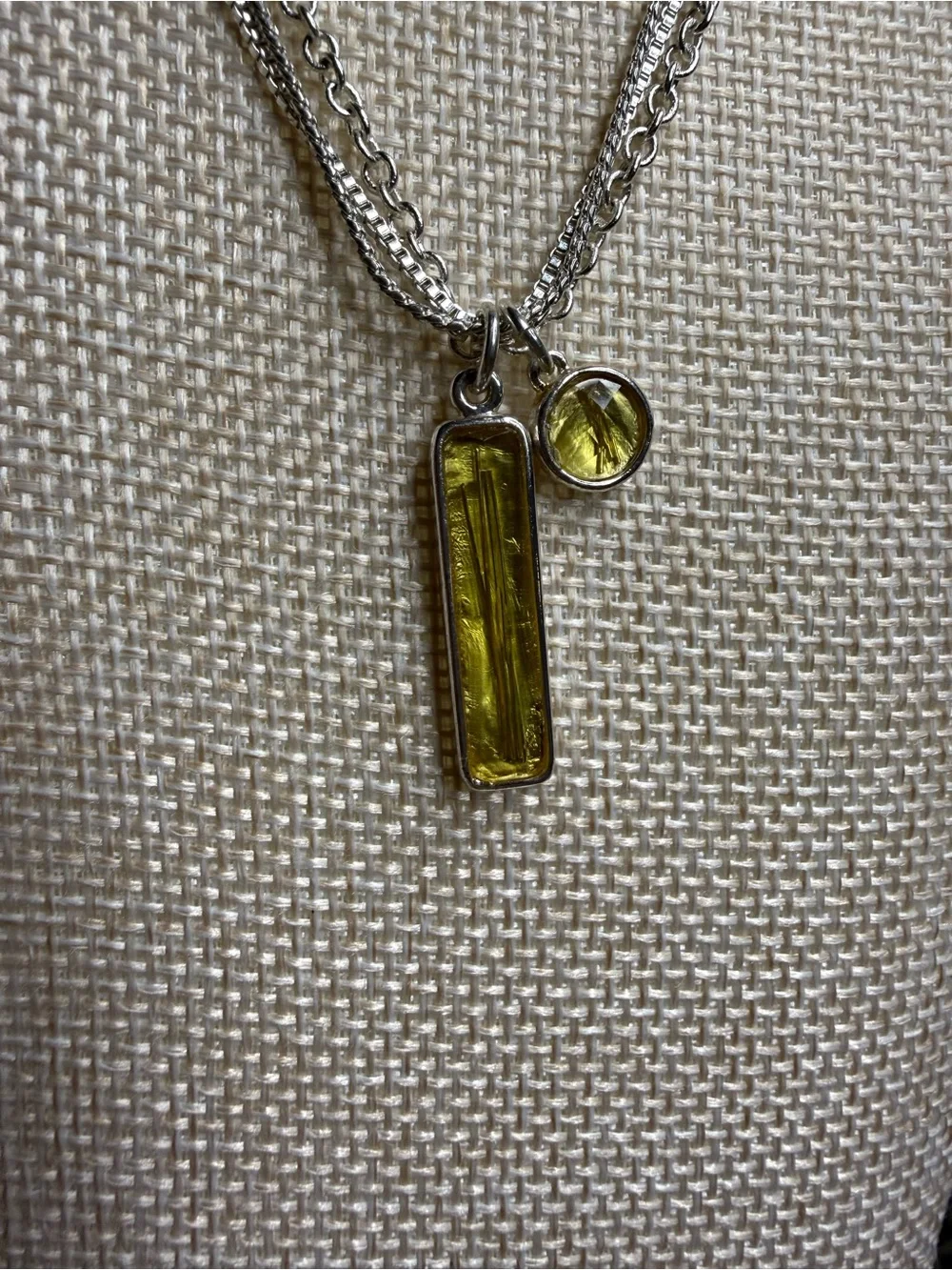 Apostrophe Triple Strand Silver Tone Necklace Yellow Crystal Pendant 16” Layered